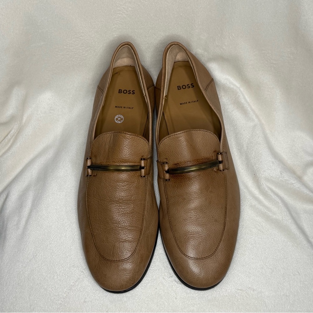 Boss Men's Tan Leather Slip-On Loafers